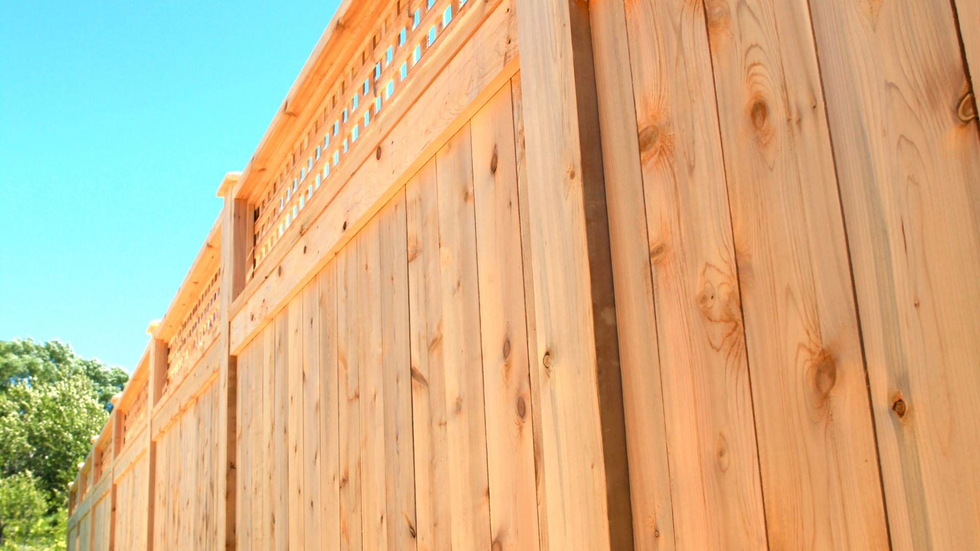 Wooden fence with lattice top against bright blue sky and green trees